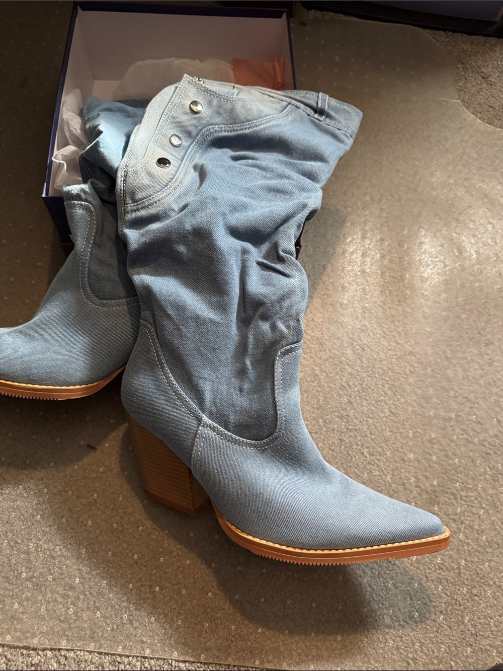 Light Blue Denim-Slouchy Block Heel Cowboy Boots for Women